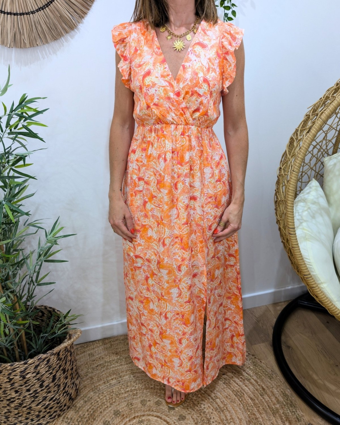 Robe longue femme à motifs fleuris orange Amandine