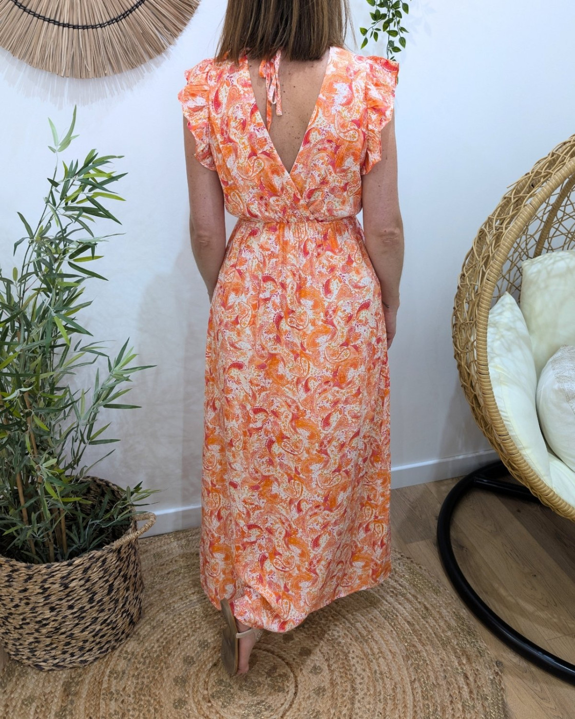 Robe longue femme à motifs fleuris orange Amandine