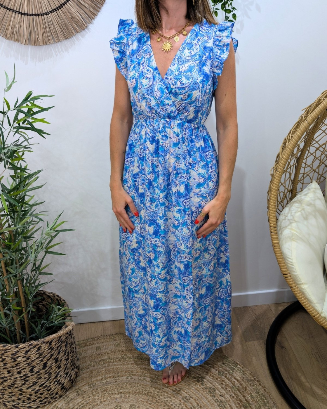 Robe longue femme à motifs fleuris bleue Amandine