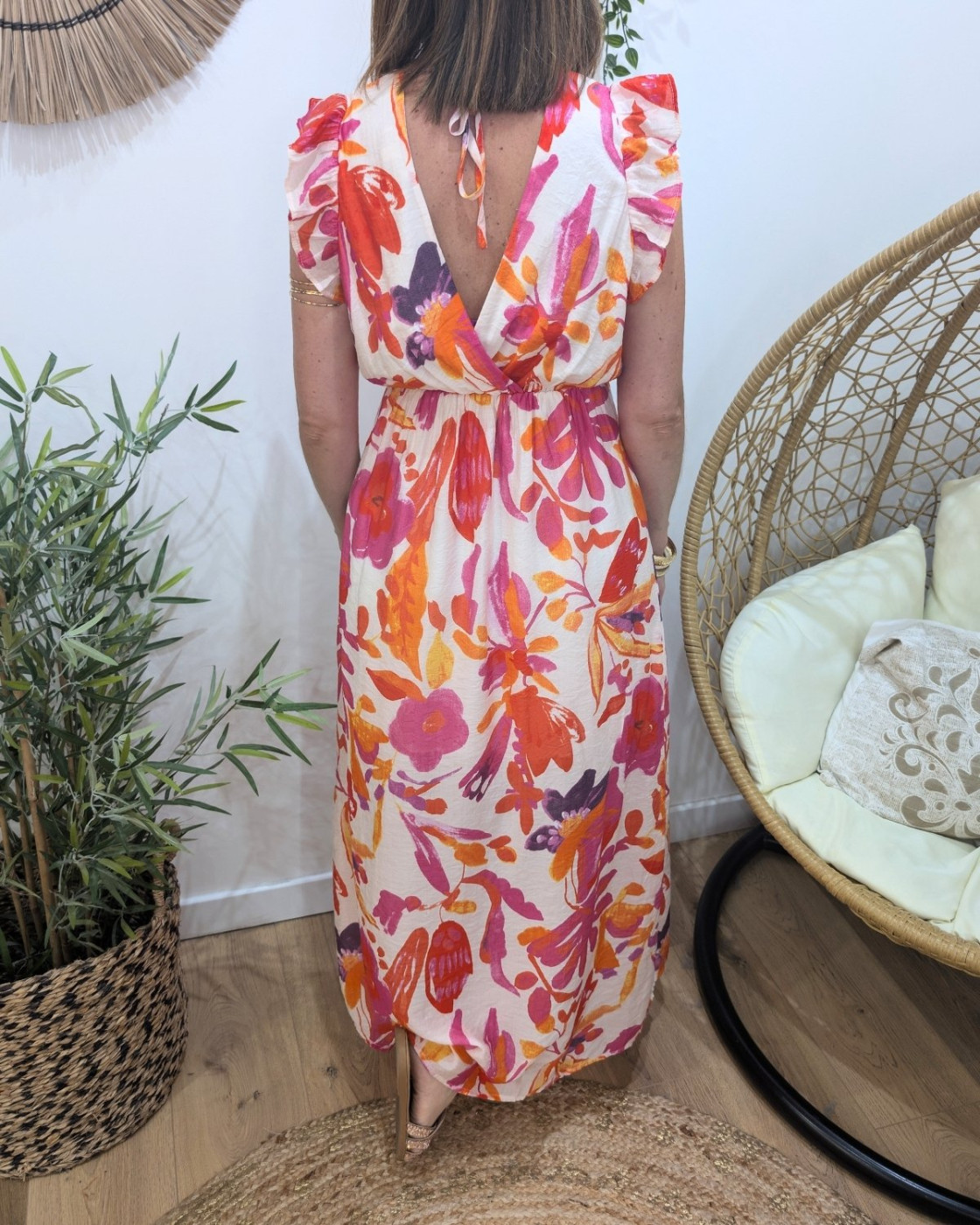 Robe longue femme à motifs fleuris rose et orange Camélia