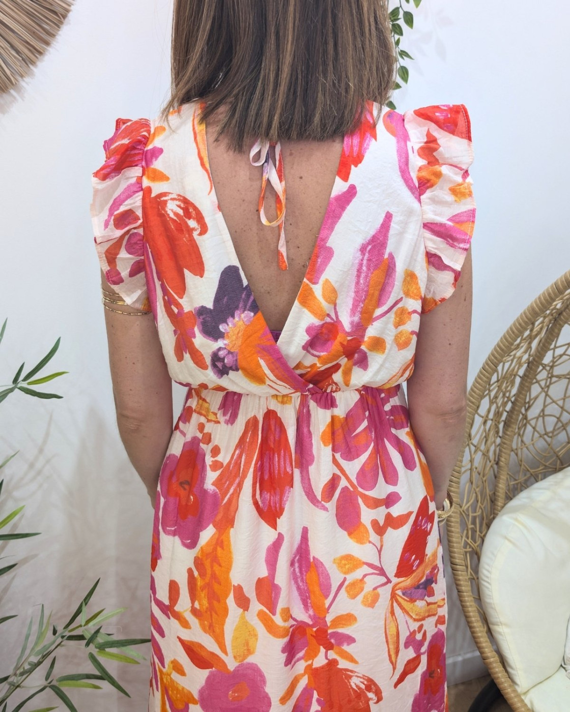 Robe longue femme à motifs fleuris rose et orange Camélia