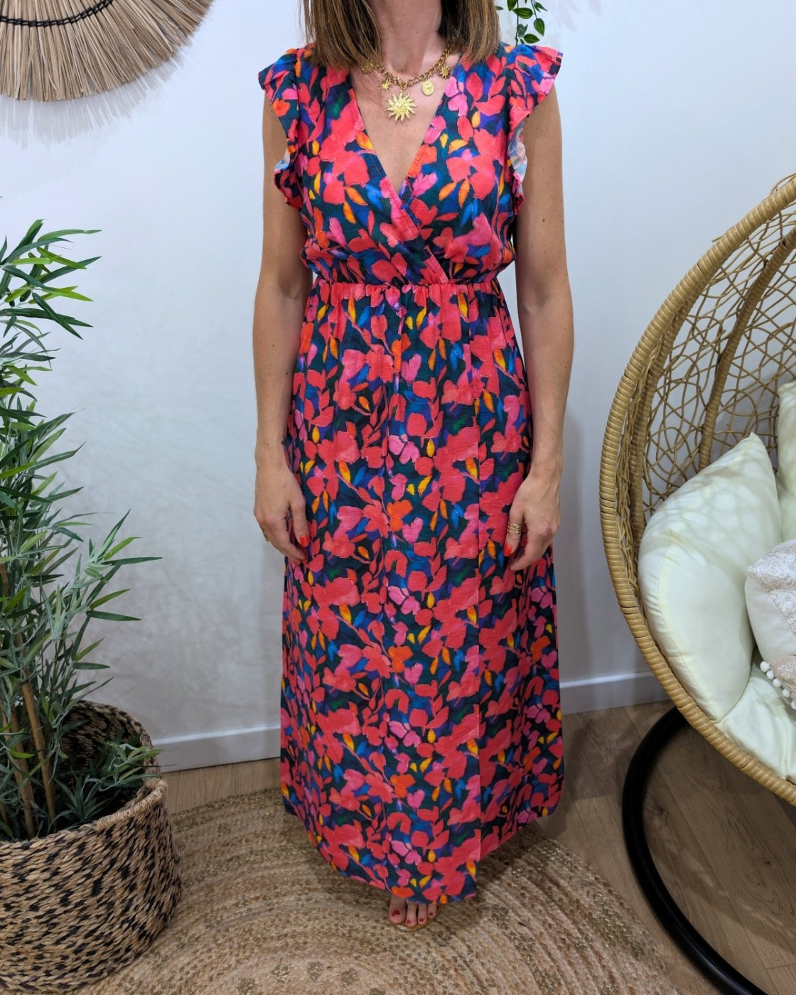 Robe longue femme à motifs fleuris rouge multicolore Rosamée
