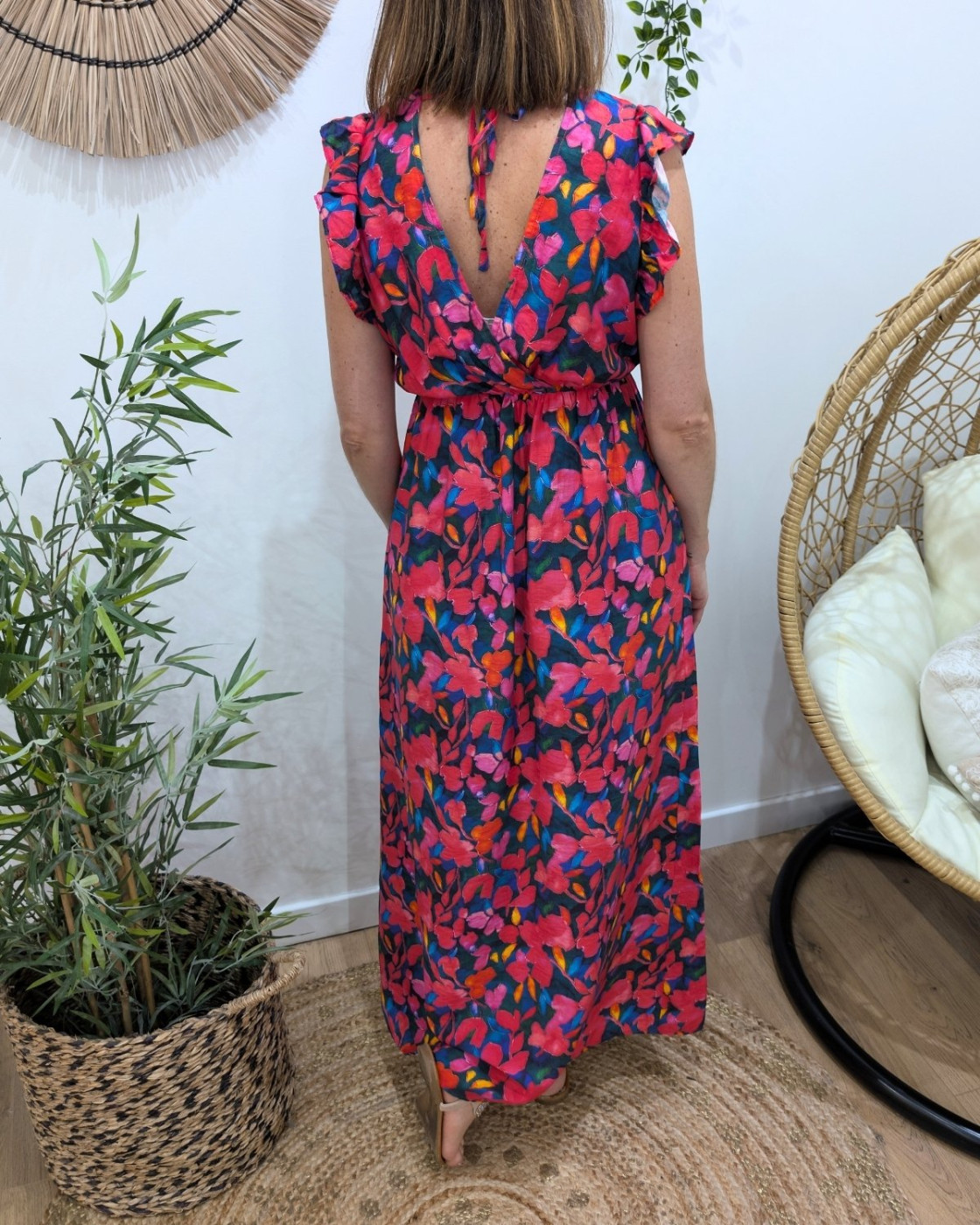 Robe longue femme à motifs fleuris rouge multicolore Rosamée