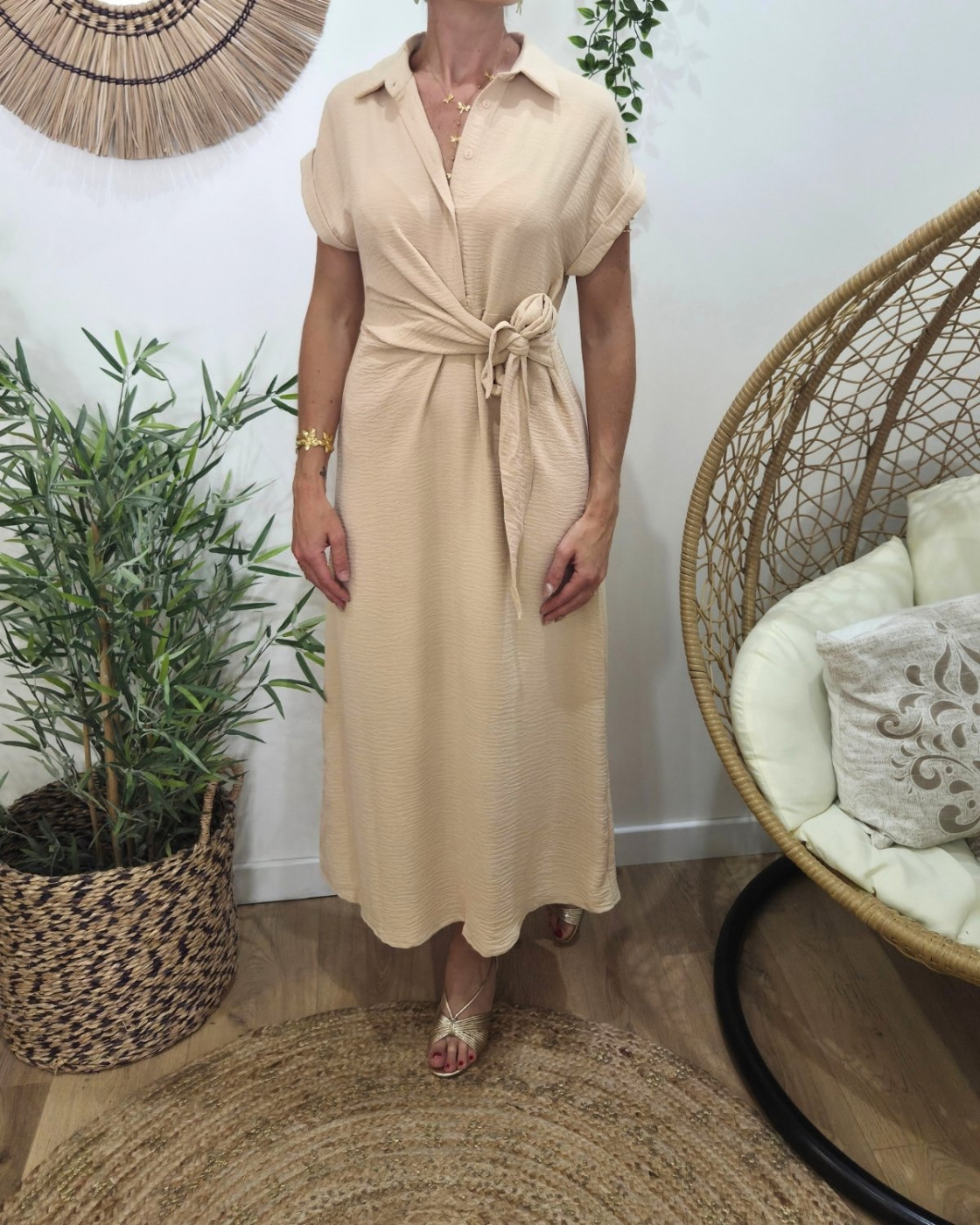  Robe longue femme chemise nouée beige Ananie