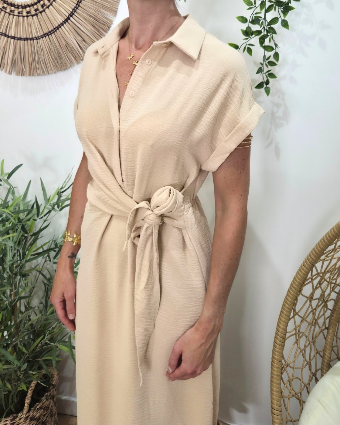  Robe longue femme chemise nouée beige Ananie