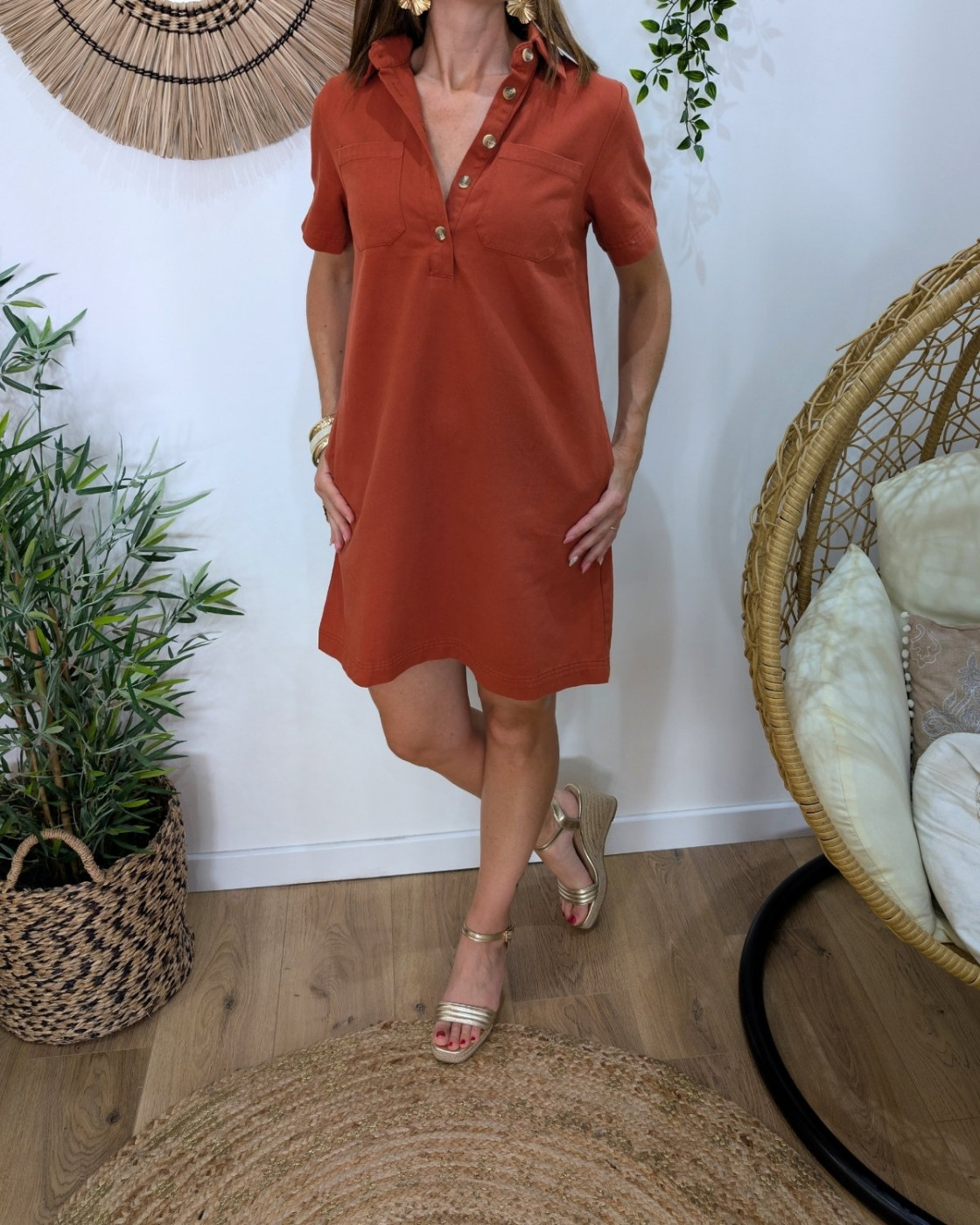  Robe courte droite femme unie terracotta