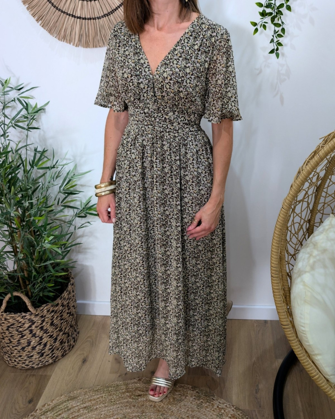 Robe longue femme marron fleurs vertes et jaunes Ileana