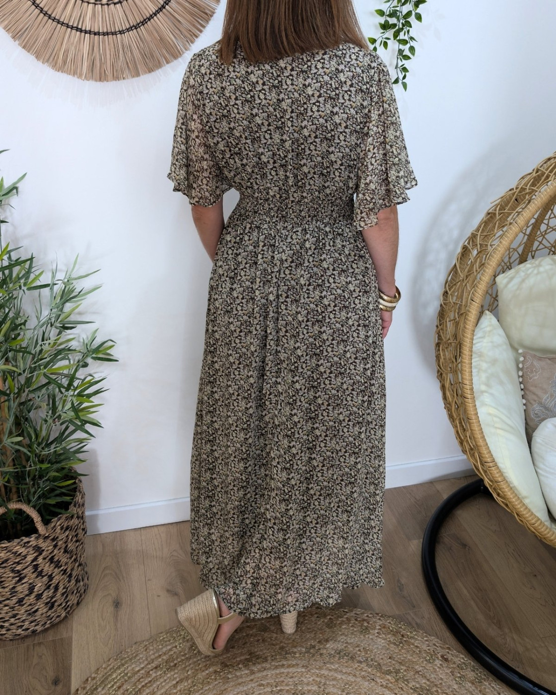 Robe longue femme marron fleurs vertes et jaunes Ileana