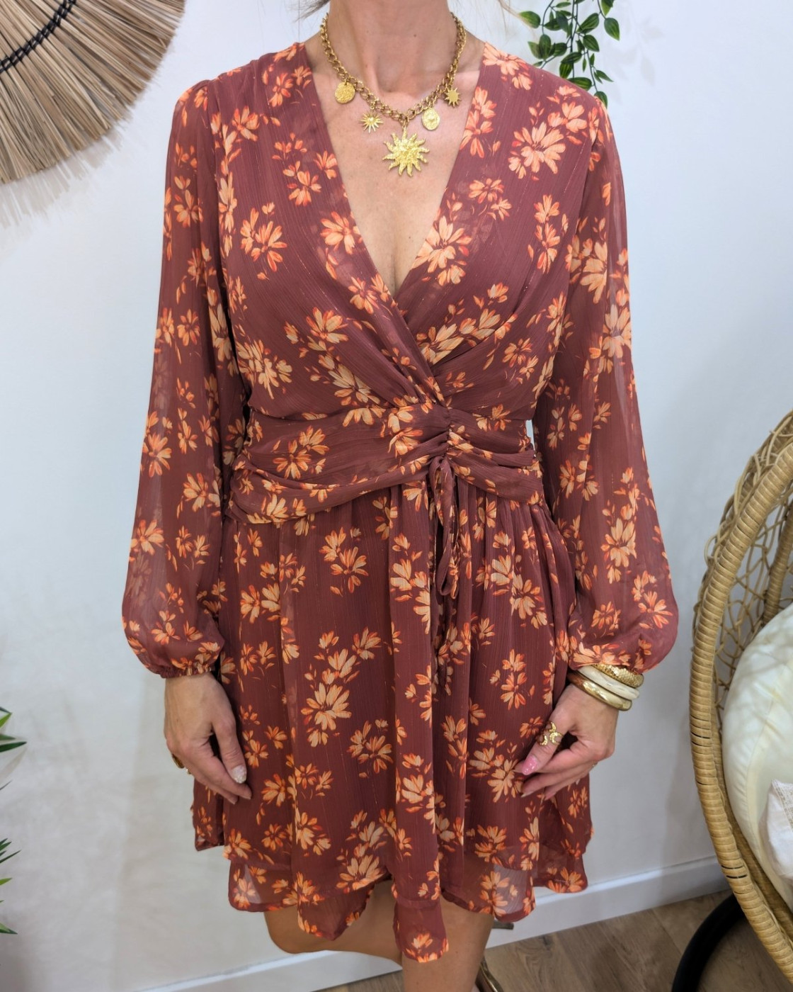  Robe courte femme terracotta motifs fleuris liseré cuivré
