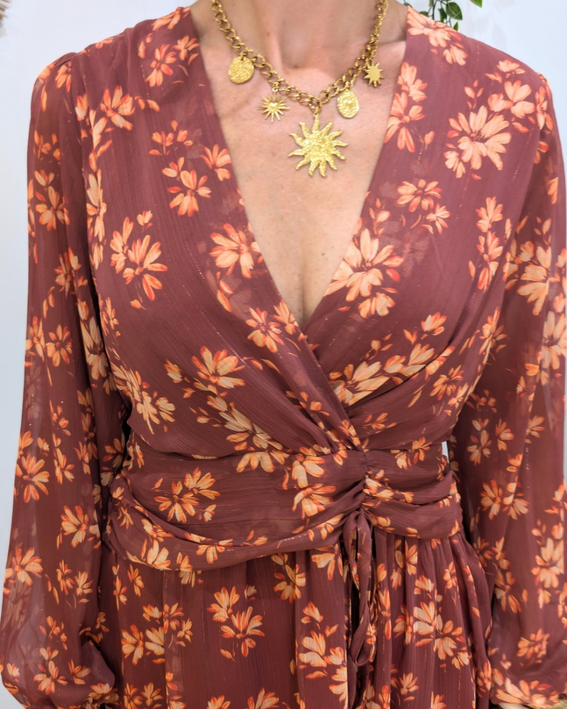  Robe courte femme terracotta motifs fleuris liseré cuivré