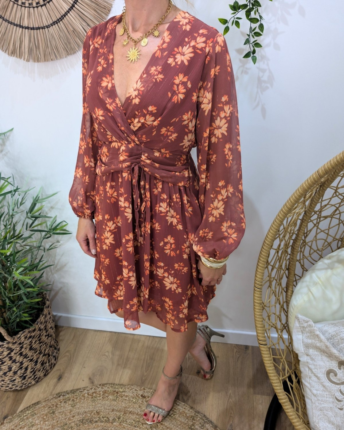  Robe courte femme terracotta motifs fleuris liseré cuivré