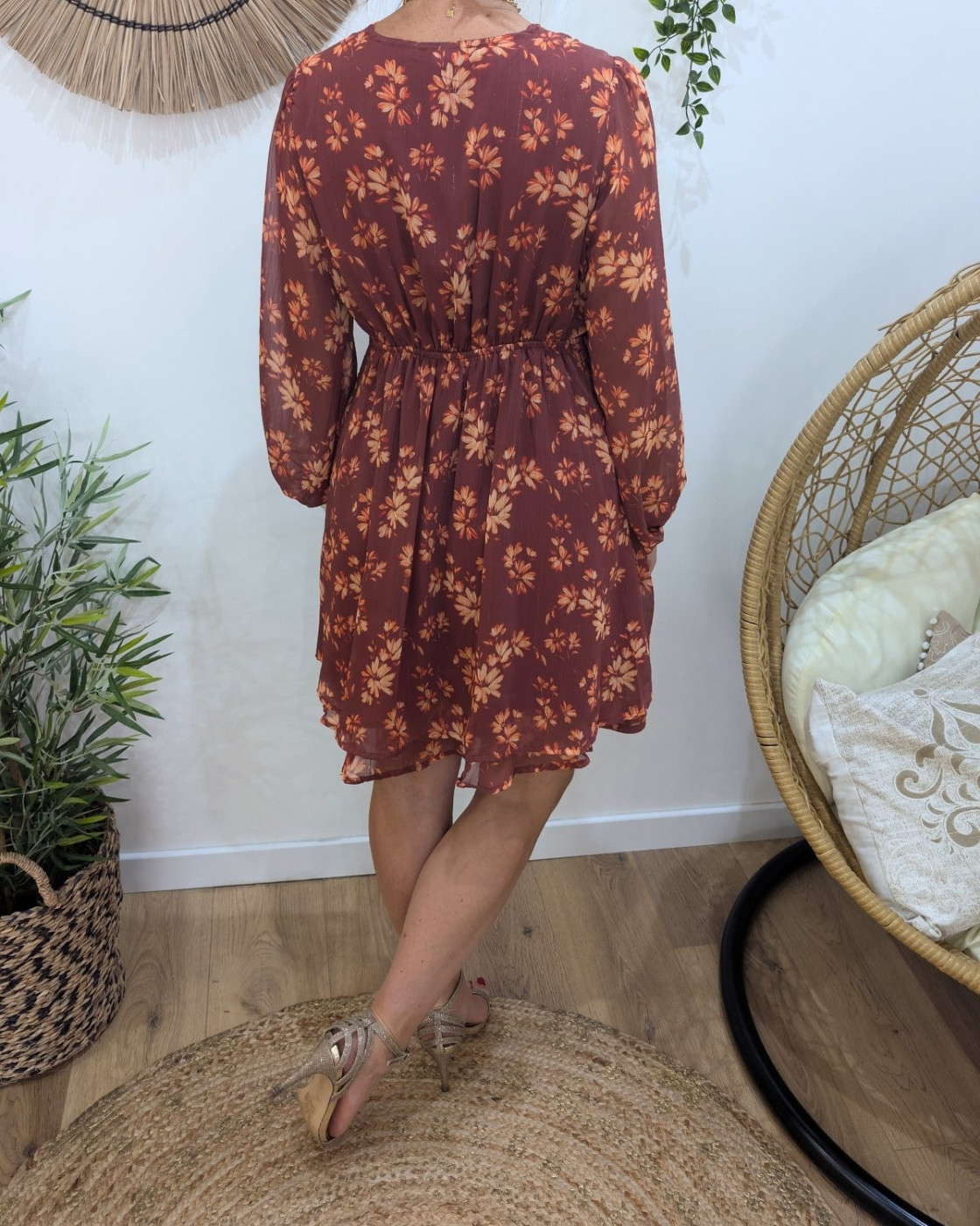  Robe courte femme terracotta motifs fleuris liseré cuivré