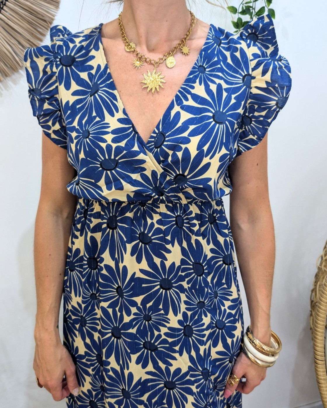  Robe longue femme beige fleurs bleues Solstice