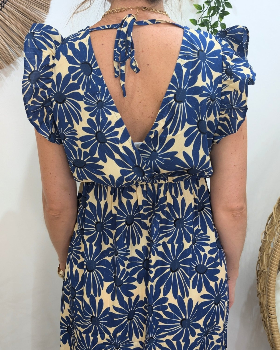  Robe longue femme beige fleurs bleues Solstice