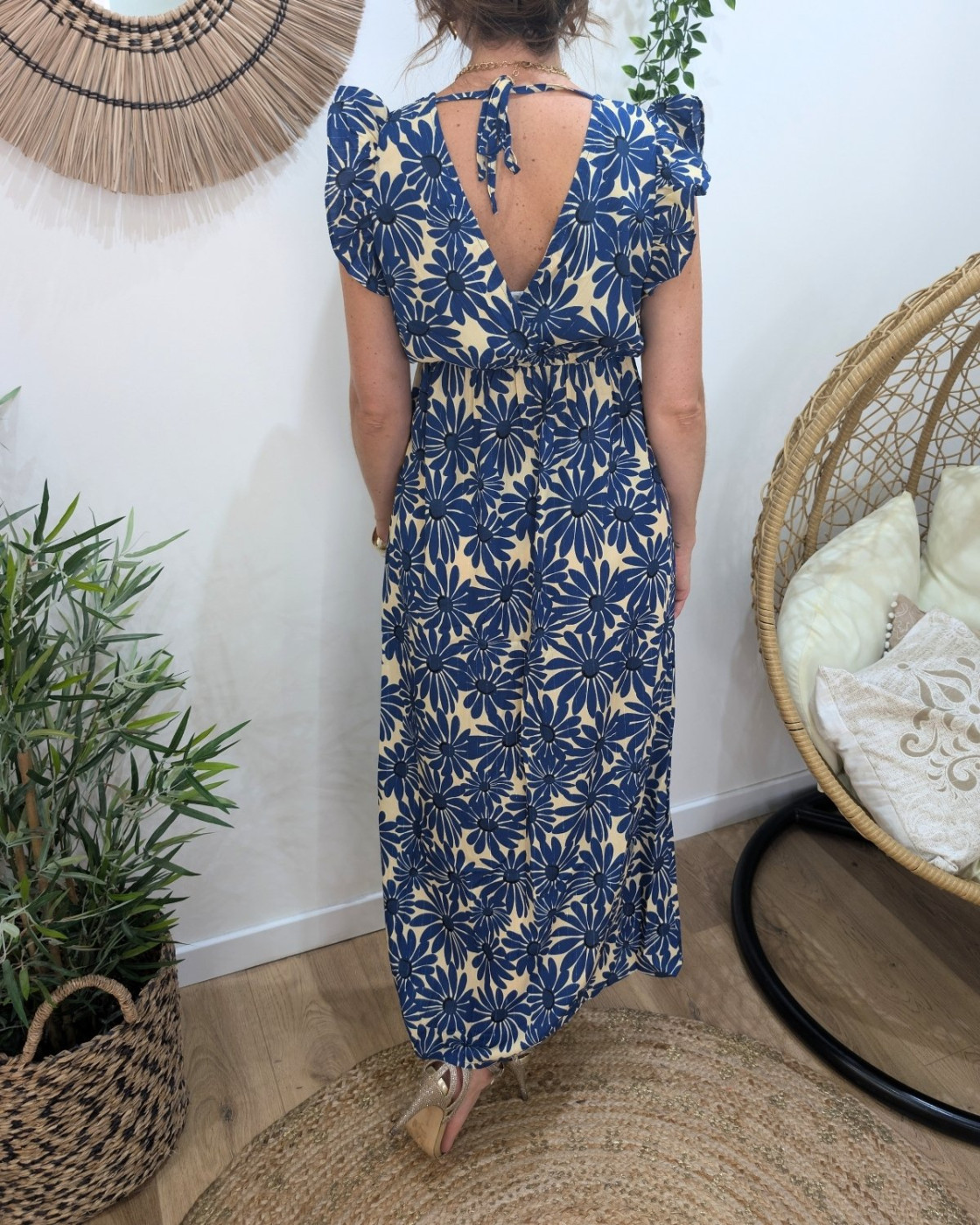  Robe longue femme beige fleurs bleues Solstice