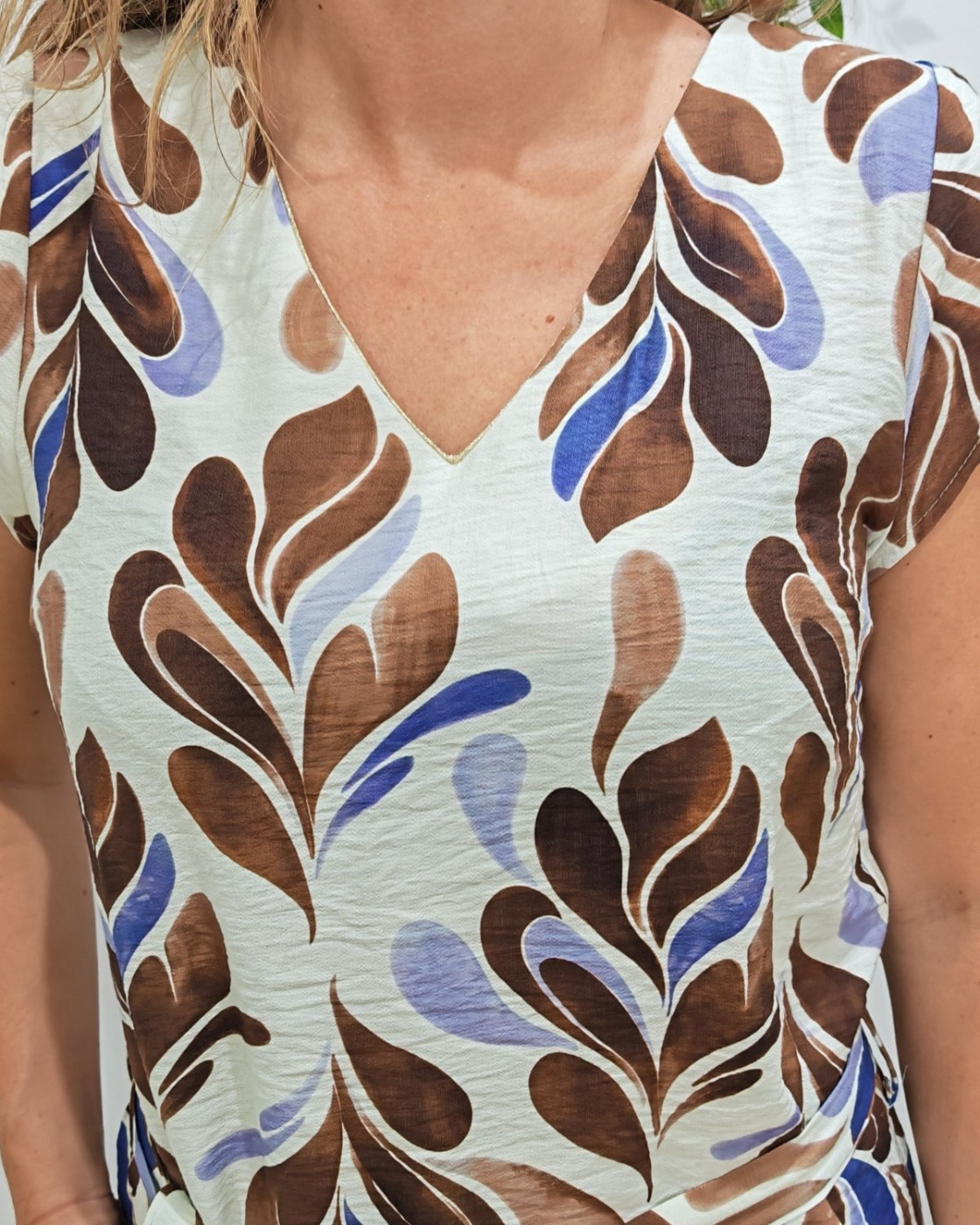  Robe droite femme écrue motifs bleus et marrons Bohdana