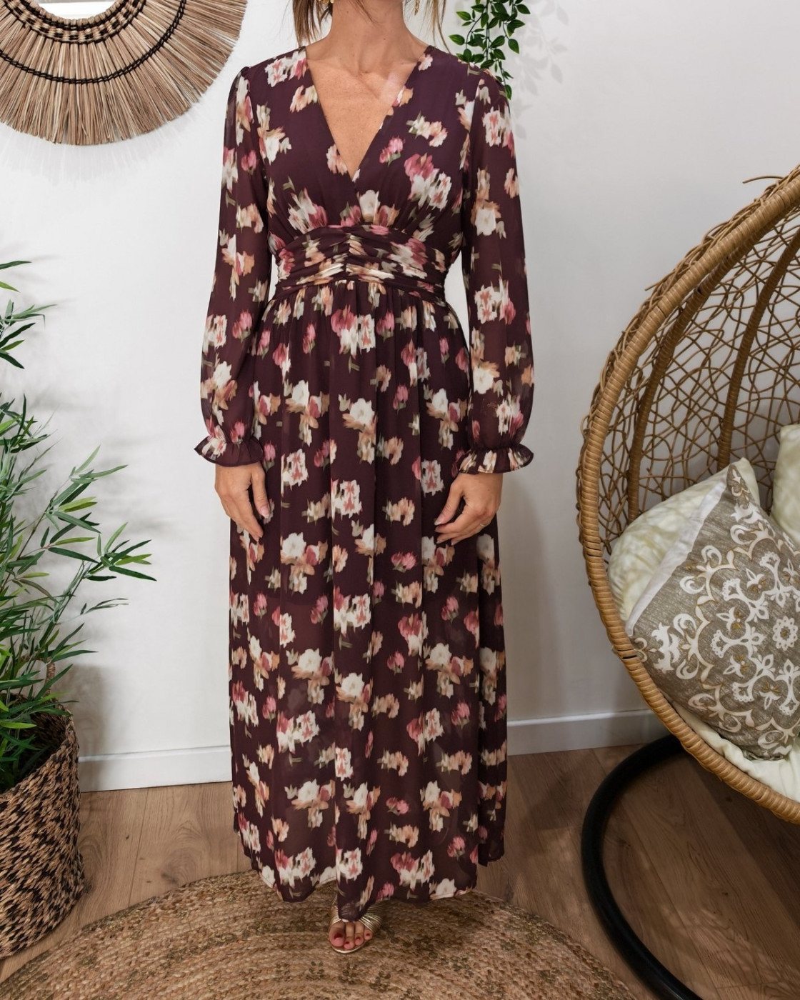 Robe longue femme prune à fleurs Mimosa