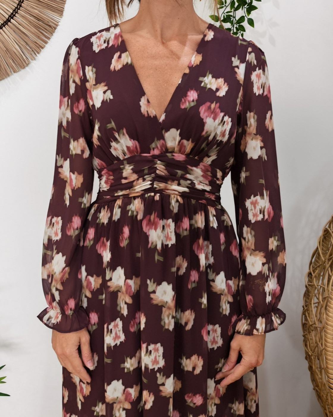 Robe longue femme prune à fleurs Mimosa