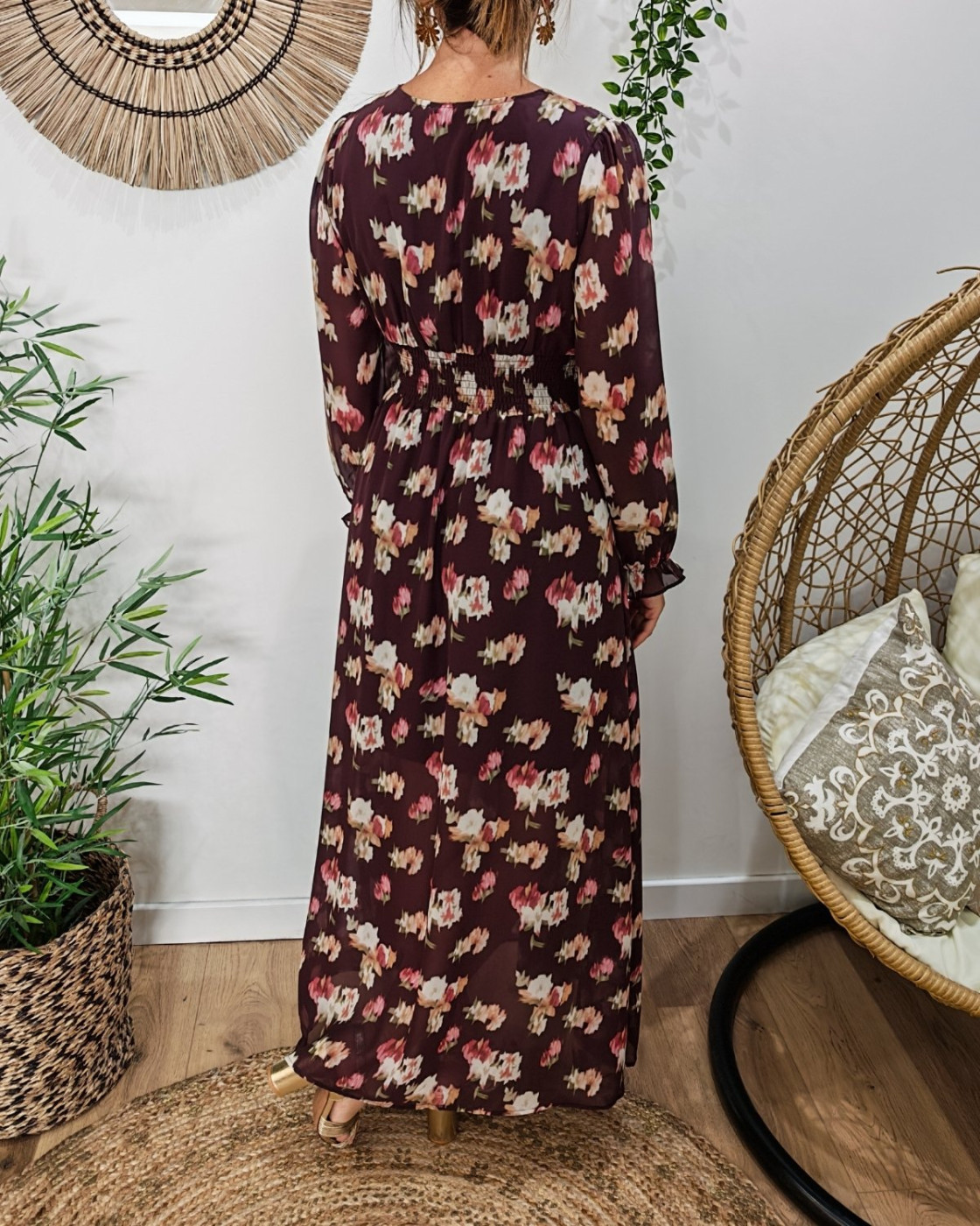 Robe longue femme prune à fleurs Mimosa
