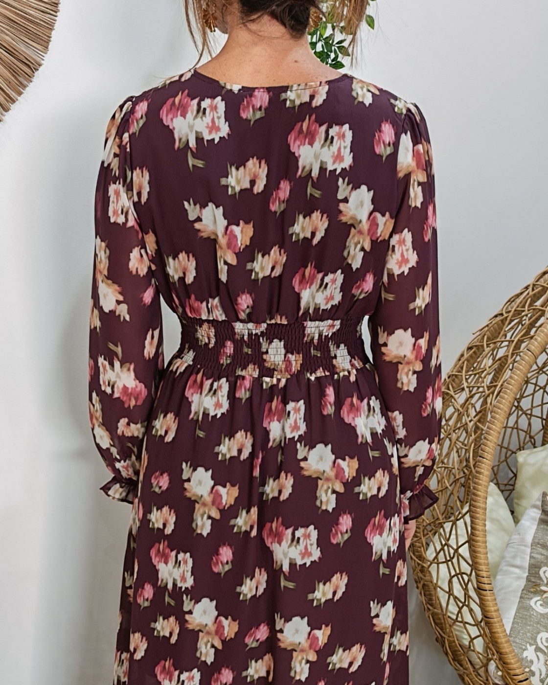 Robe longue femme prune à fleurs Mimosa
