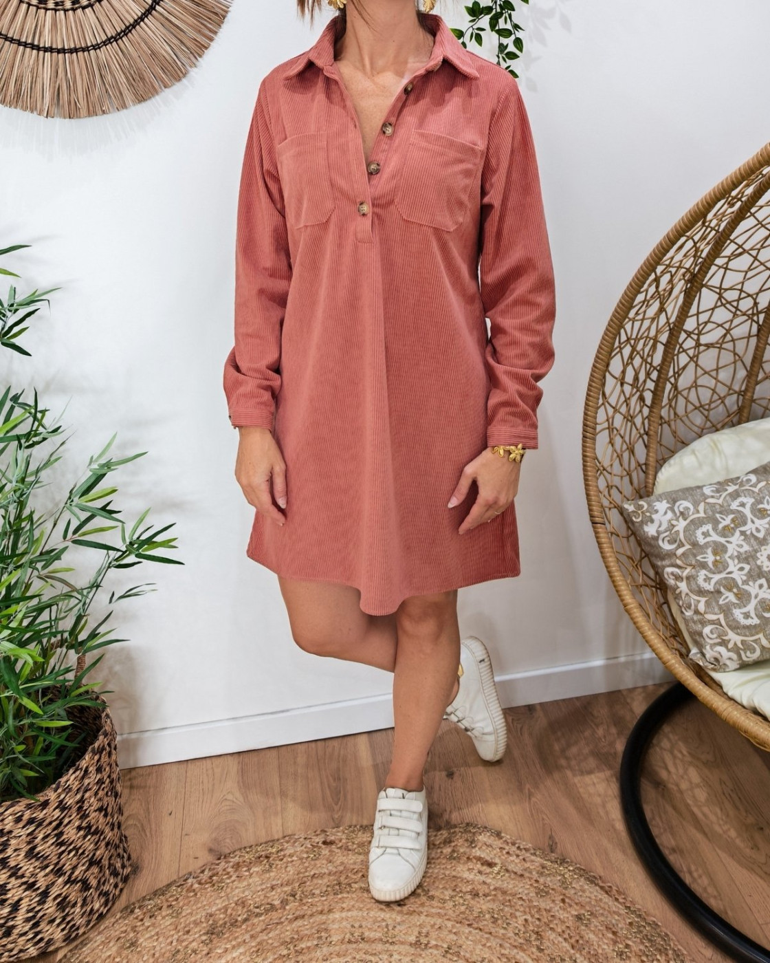  Robe courte droite femme velours cotelé rose foncé