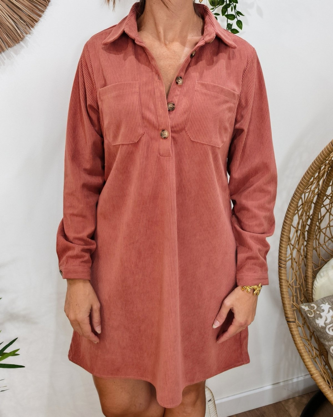  Robe courte droite femme velours cotelé rose foncé