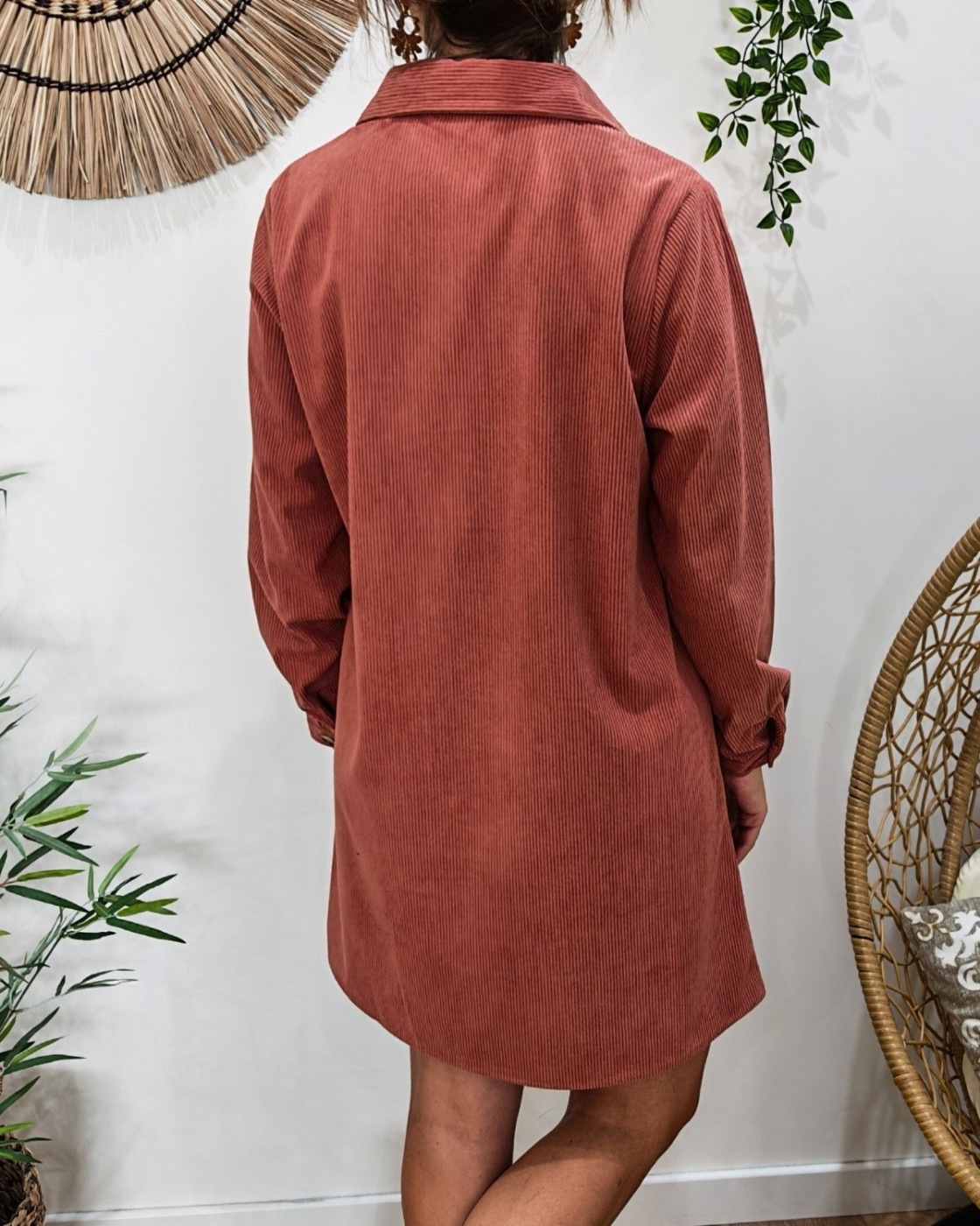  Robe courte droite femme velours cotelé rose foncé