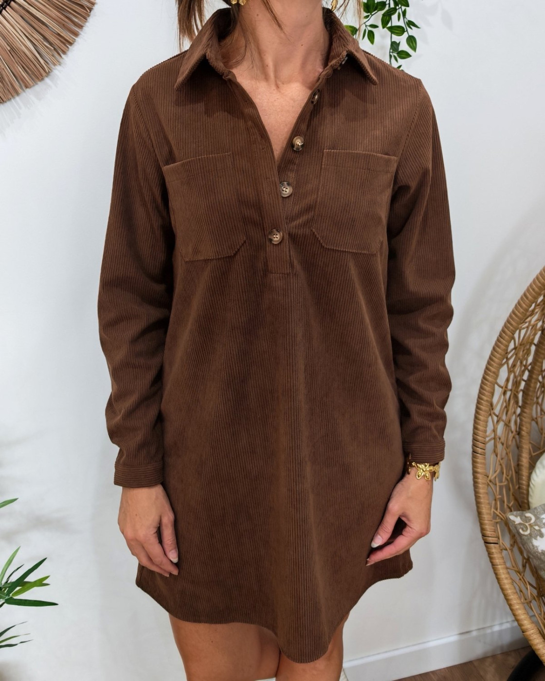  Robe courte droite femme velours cotelé marron