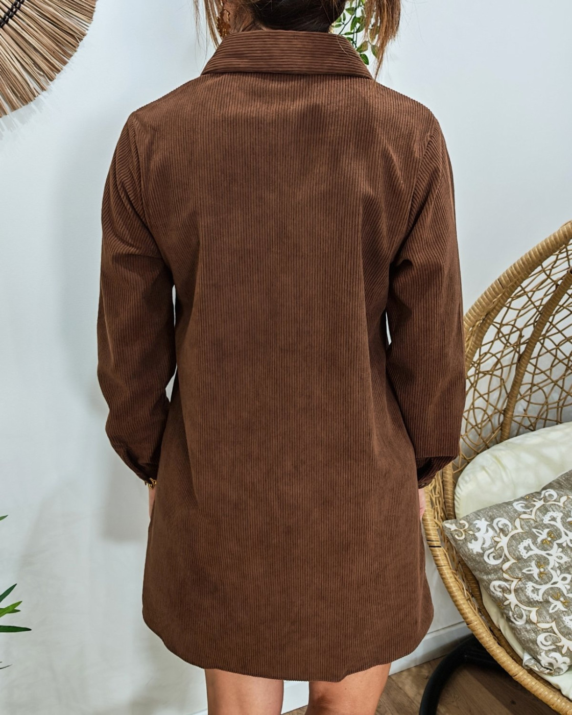  Robe courte droite femme velours cotelé marron