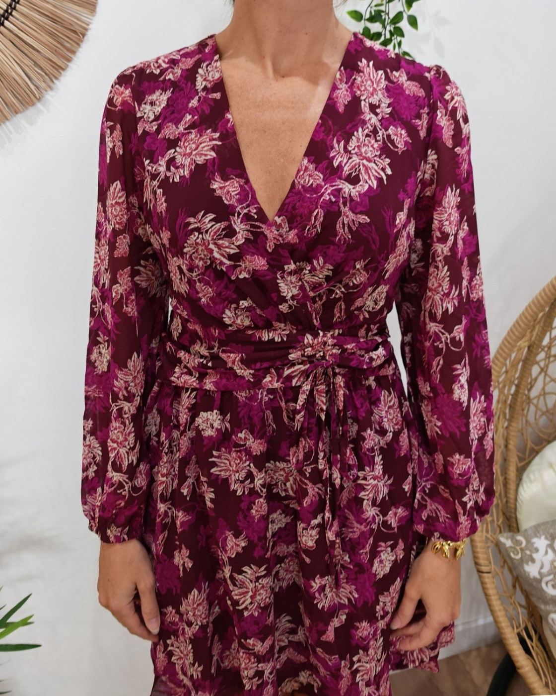  Robe courte femme prune fleurs violettes et blanches Élisabeth