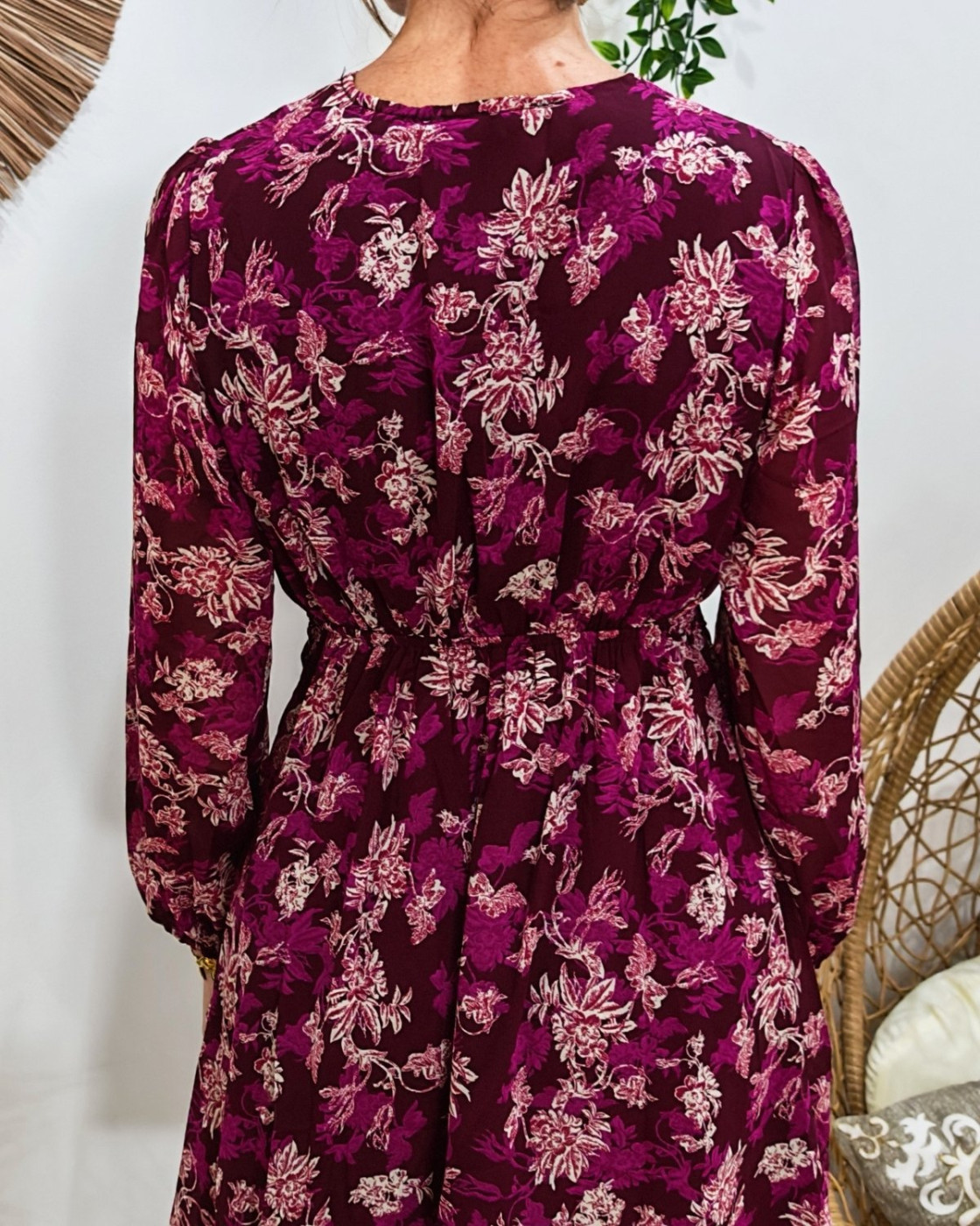  Robe courte femme prune fleurs violettes et blanches Élisabeth