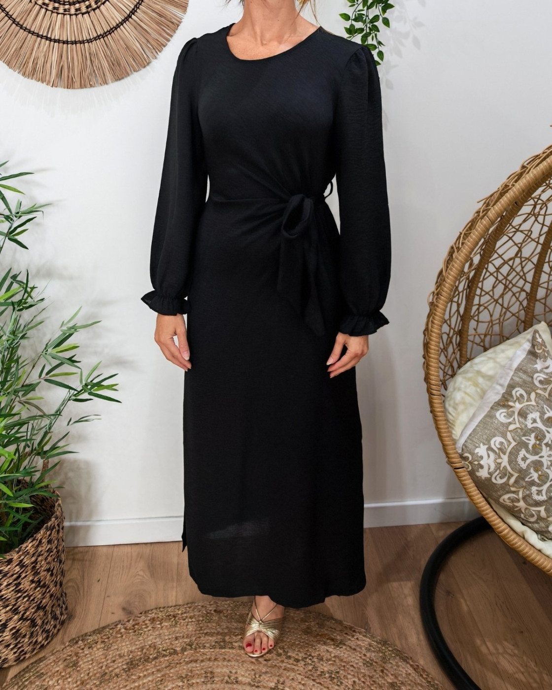  Robe longue femme nouée noire Elise manches longues
