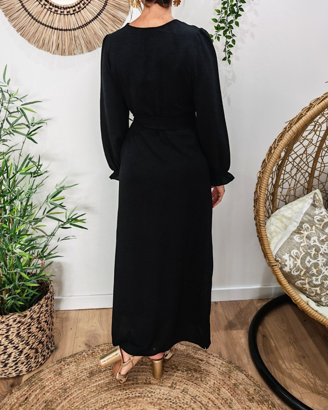  Robe longue femme nouée noire Elise manches longues