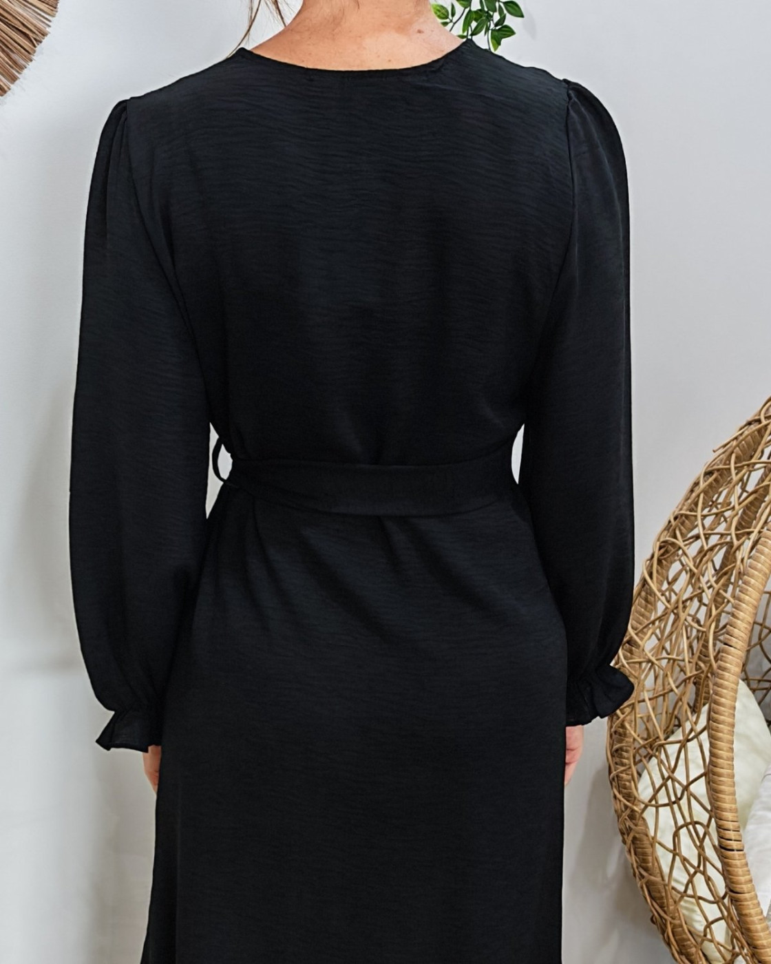  Robe longue femme nouée noire Elise manches longues