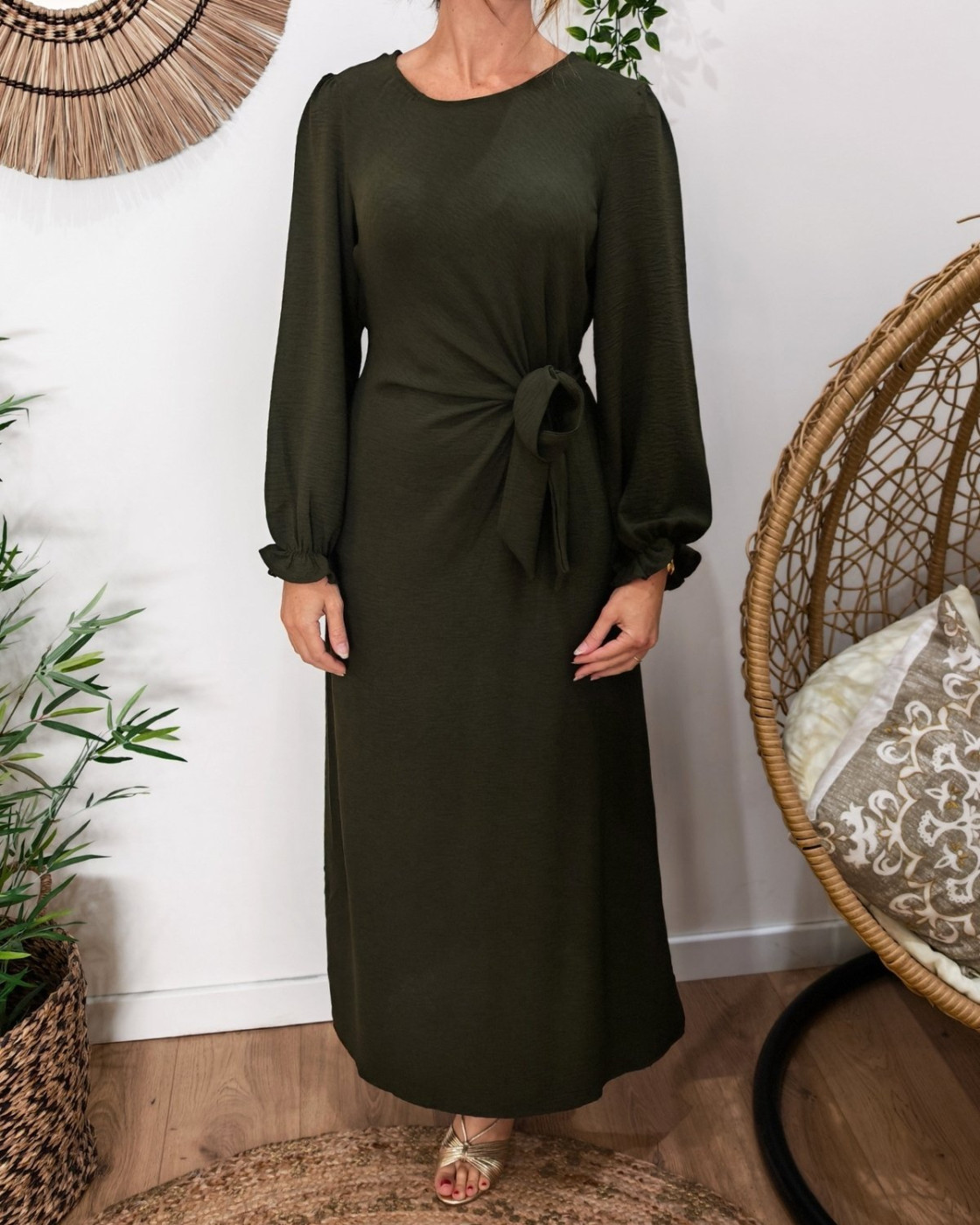  Robe longue femme nouée kaki Elise manches longues