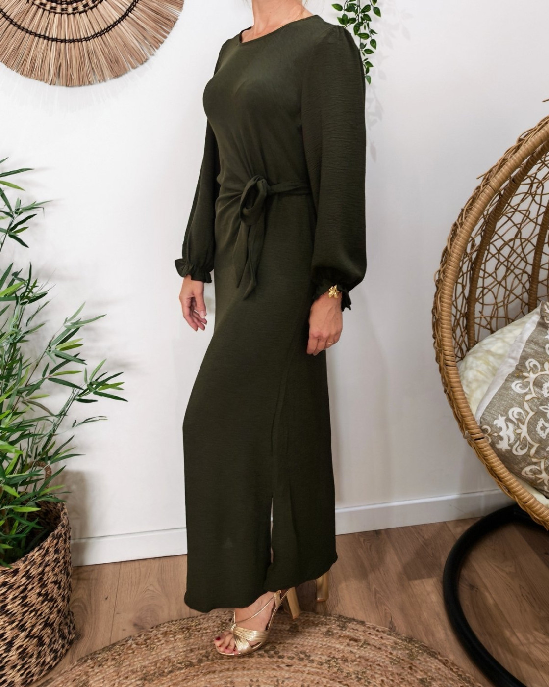  Robe longue femme nouée kaki Elise manches longues