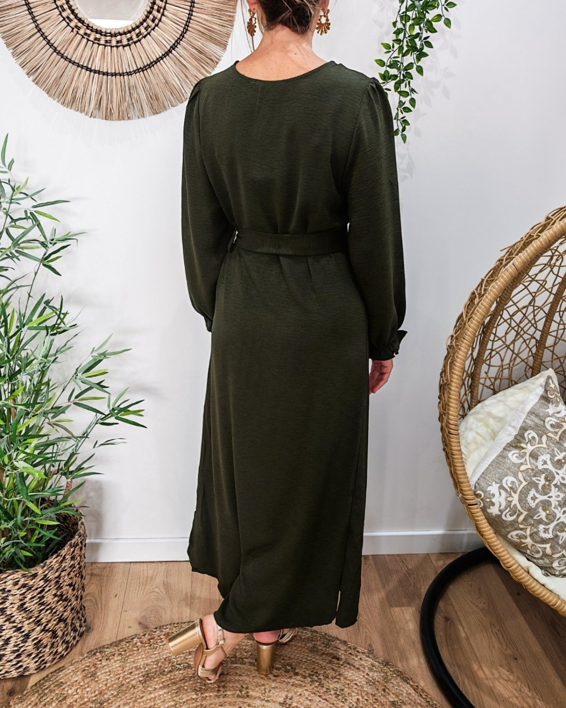  Robe longue femme nouée kaki Elise manches longues