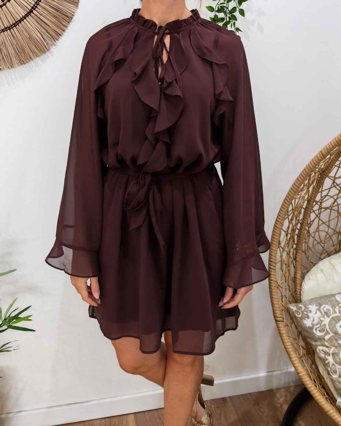  Robe courte femme marron à volants Eugénie