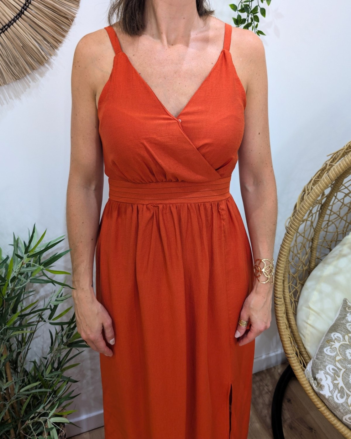  Robe longue femme à bretelles terracotta nouée 