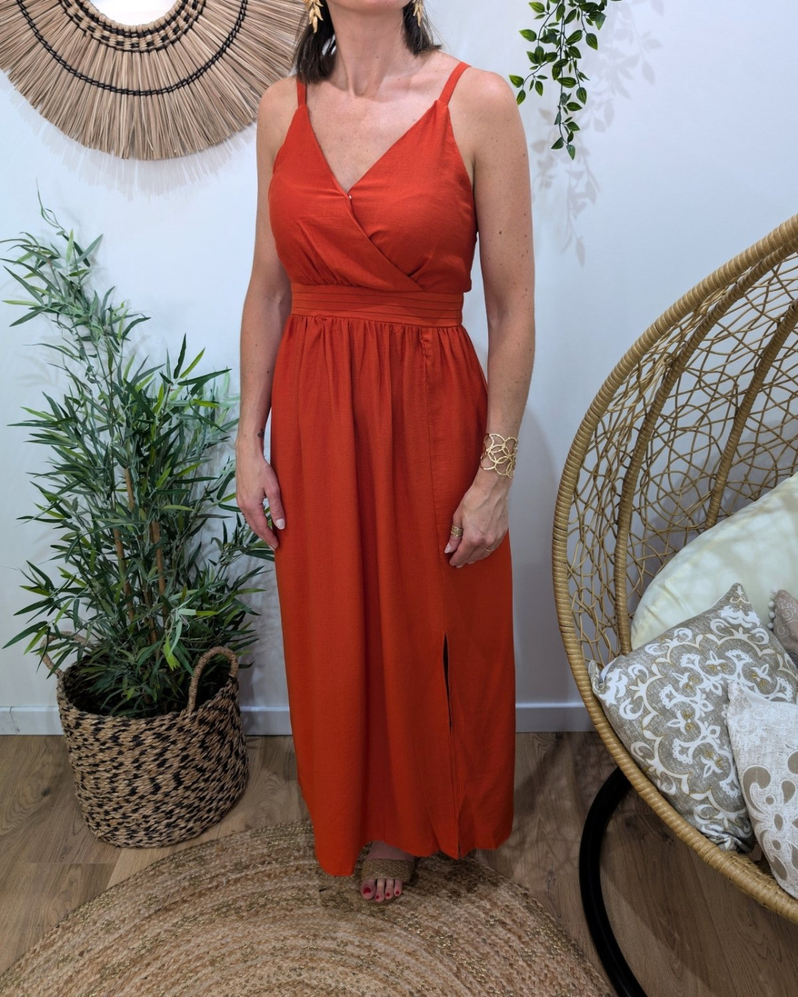  Robe longue femme à bretelles terracotta nouée 
