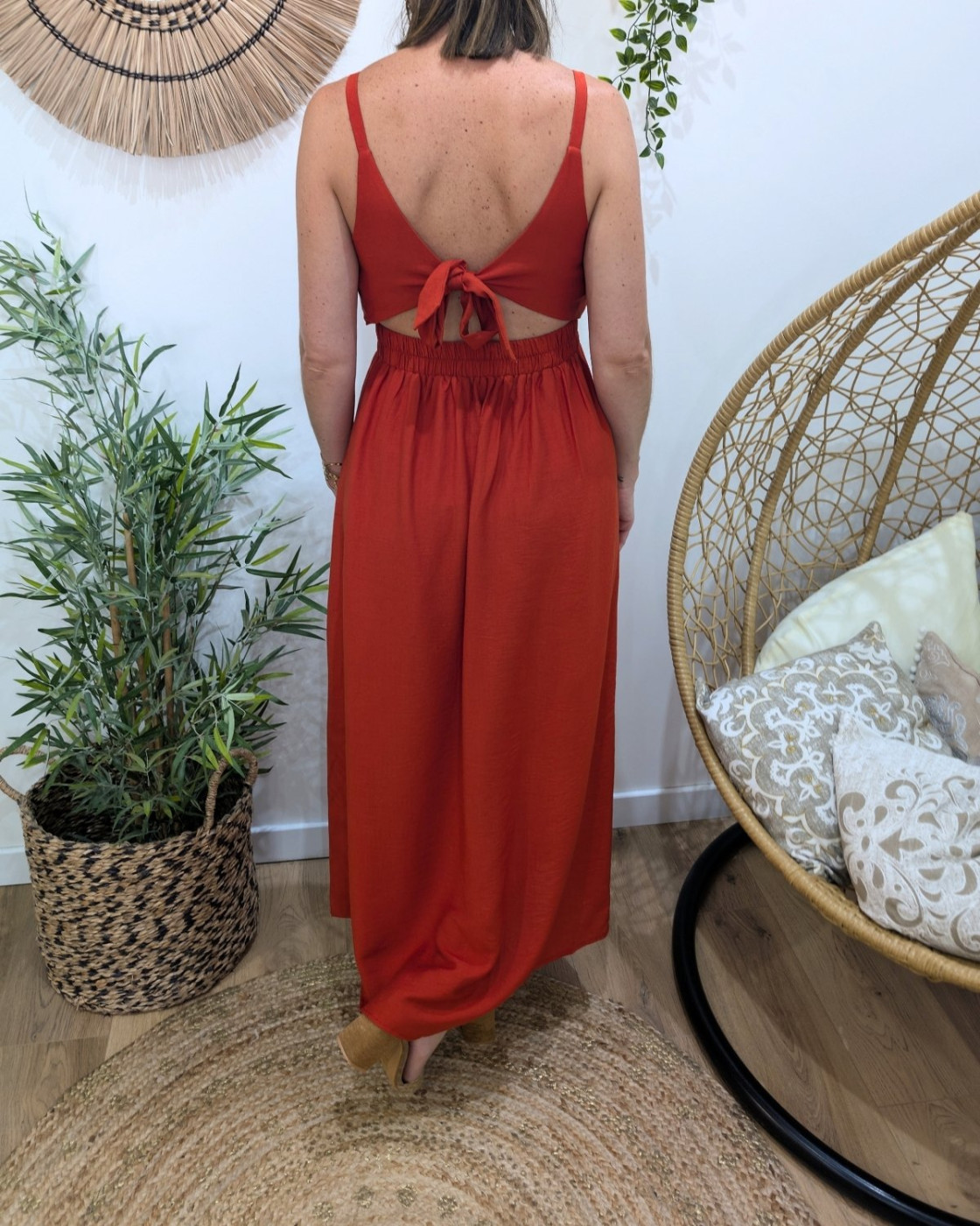  Robe longue femme à bretelles terracotta nouée 