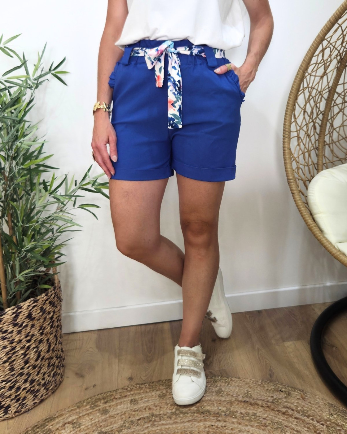 Short femme bleu roi ceinture fleurie Zita