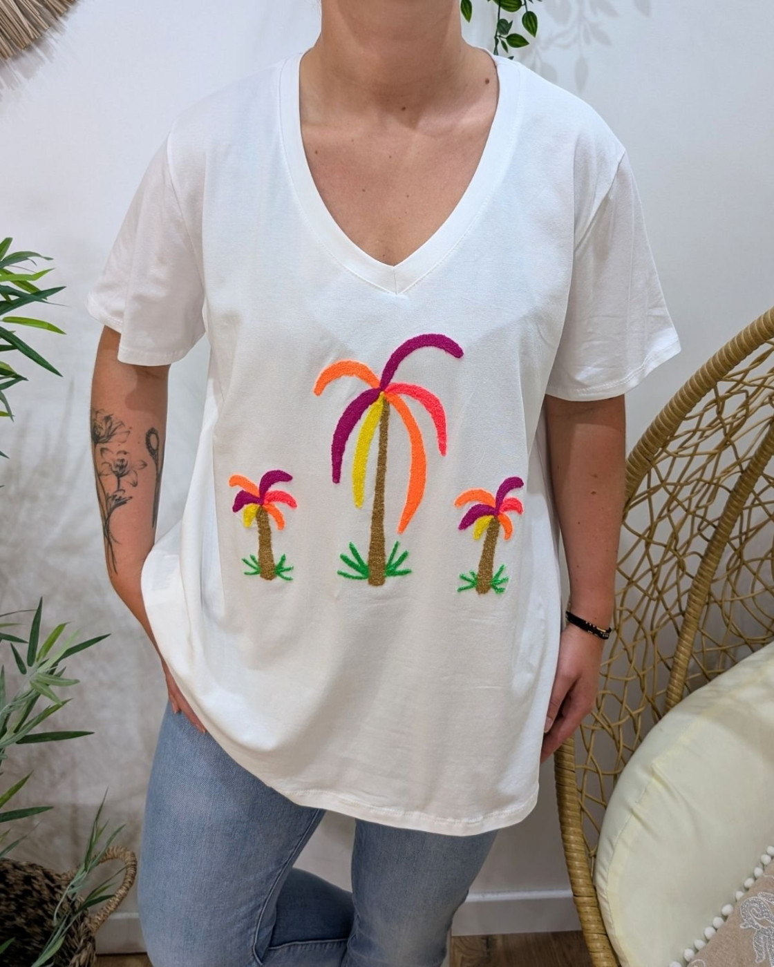 T-Shirt femme oversize blanc palmiers multicolores