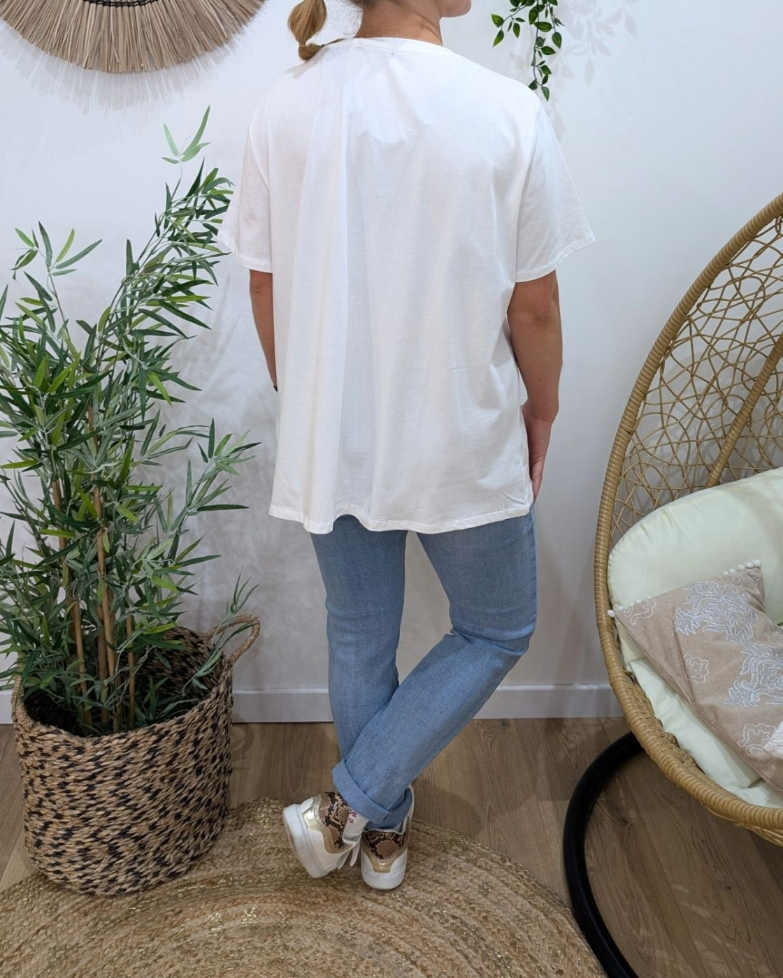 T-Shirt femme oversize blanc palmiers multicolores