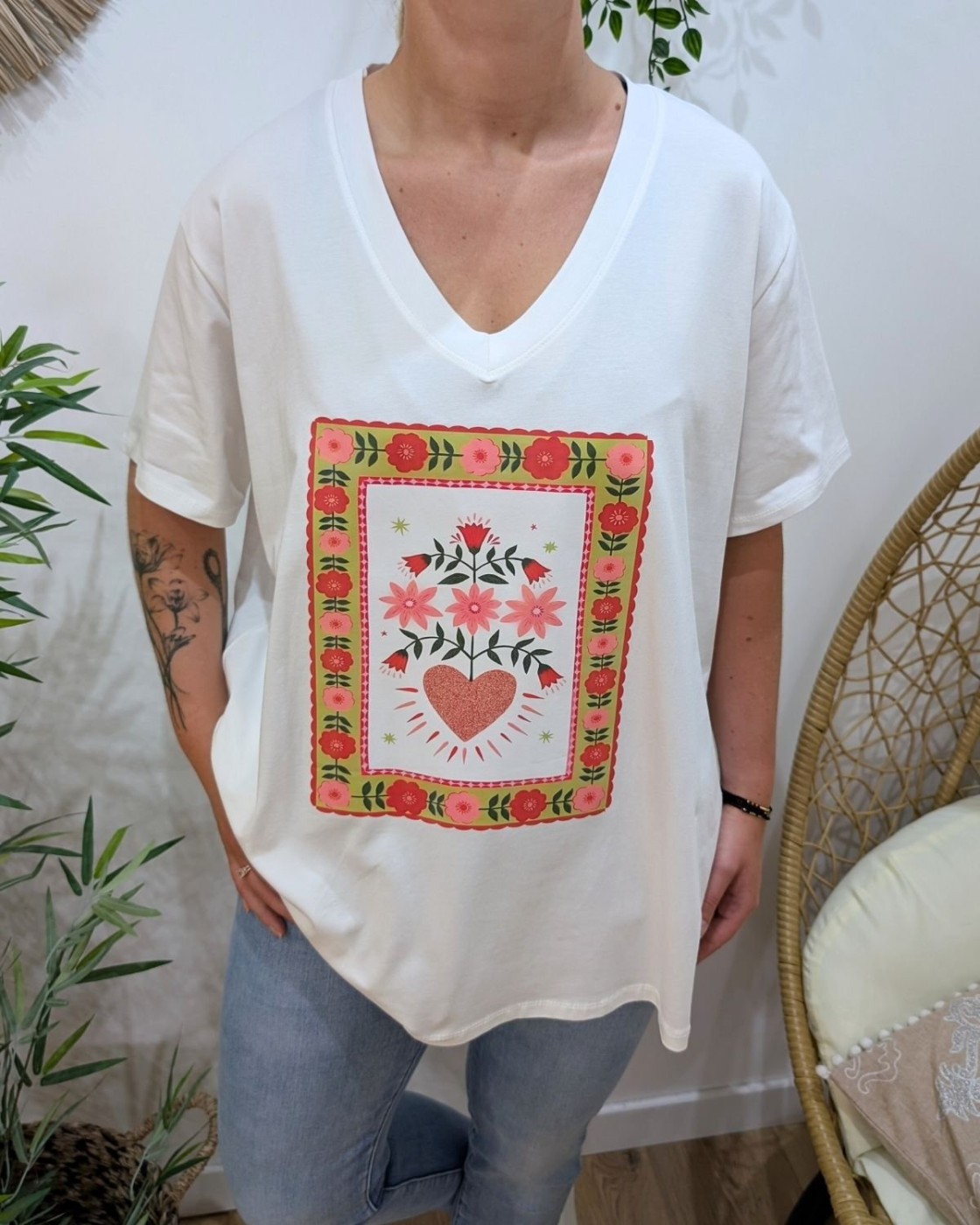 T-Shirt femme oversize blanc bouquet de fleurs