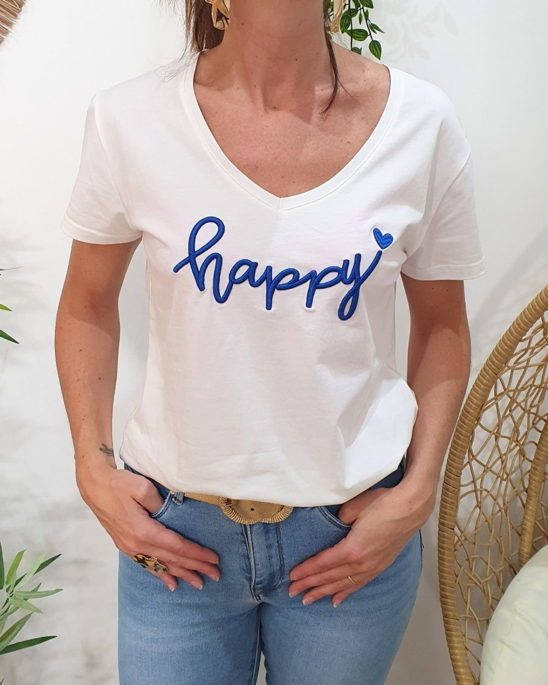 T-Shirt femme blanc broderie happy bleu roi