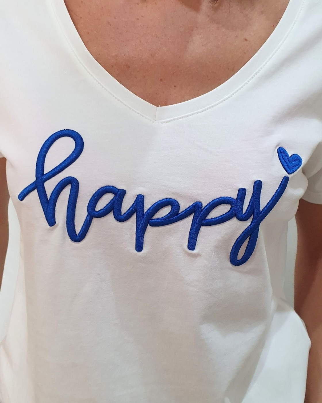 T-Shirt femme blanc broderie happy bleu roi