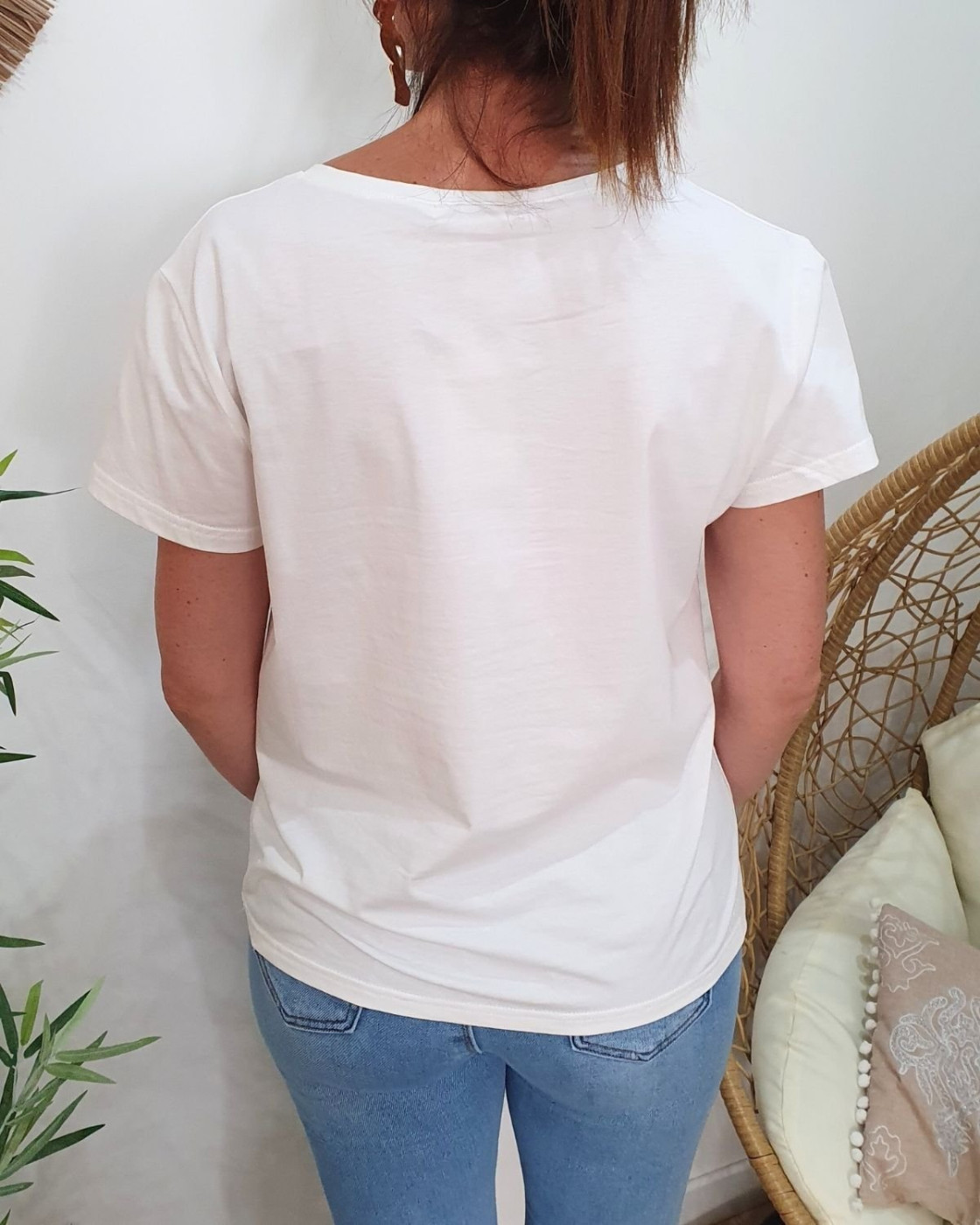 T-Shirt femme blanc broderie happy bleu roi