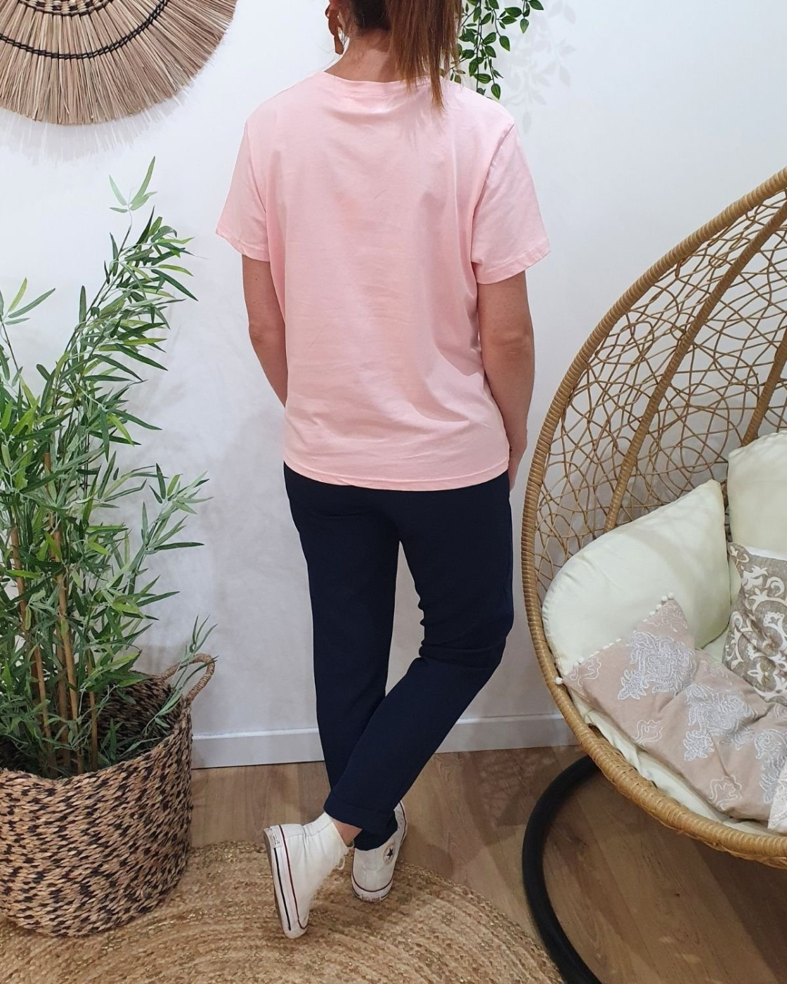 T-shirt femme rose broderie dancing queen bleue et dorée