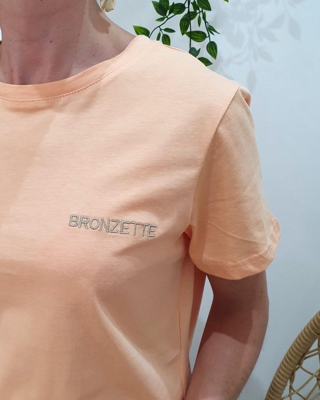 T-shirt femme orange broderie bronzette dorée